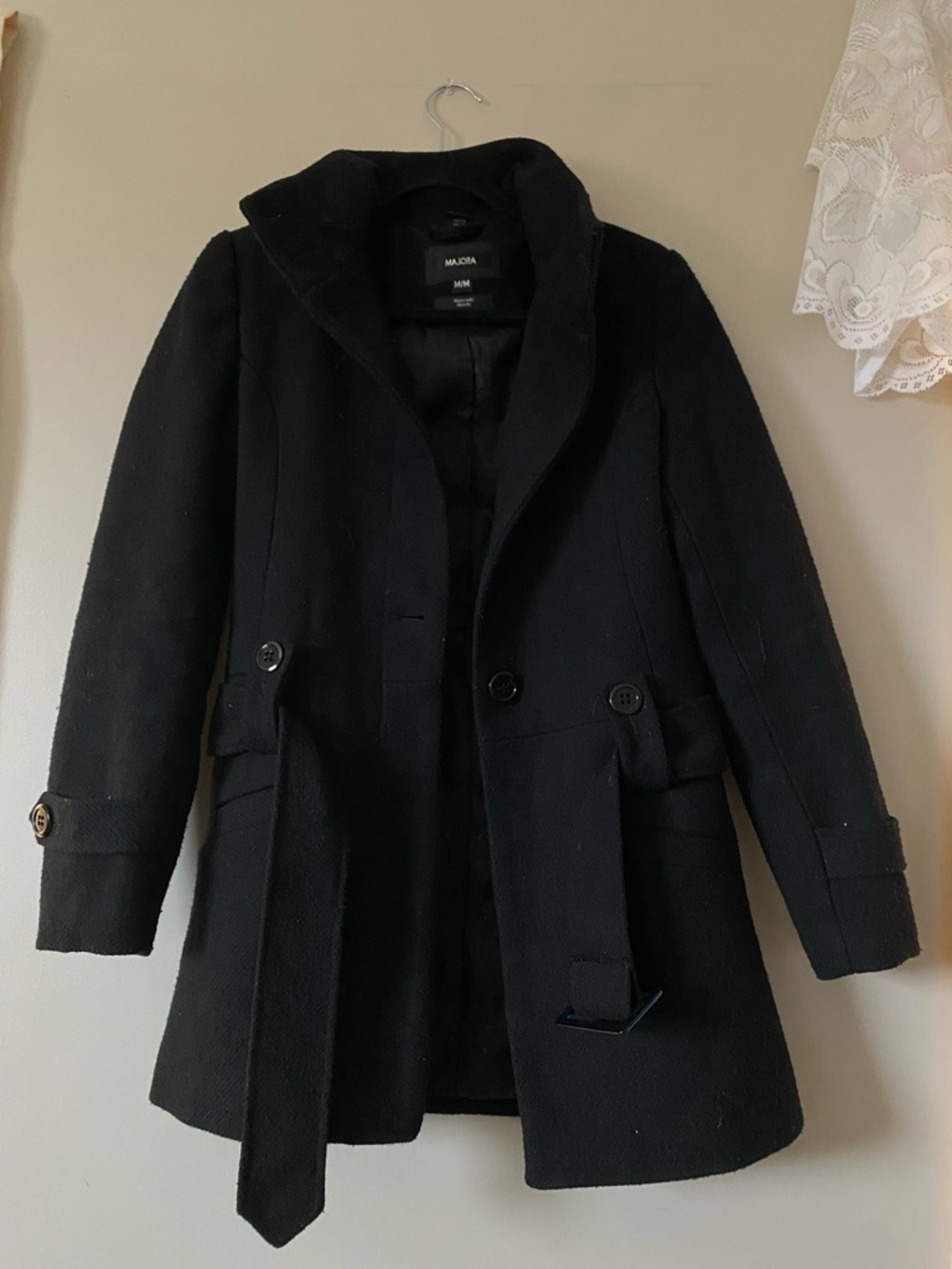 MAJORA Black Women's Wool-Blend Belted Pea Coat